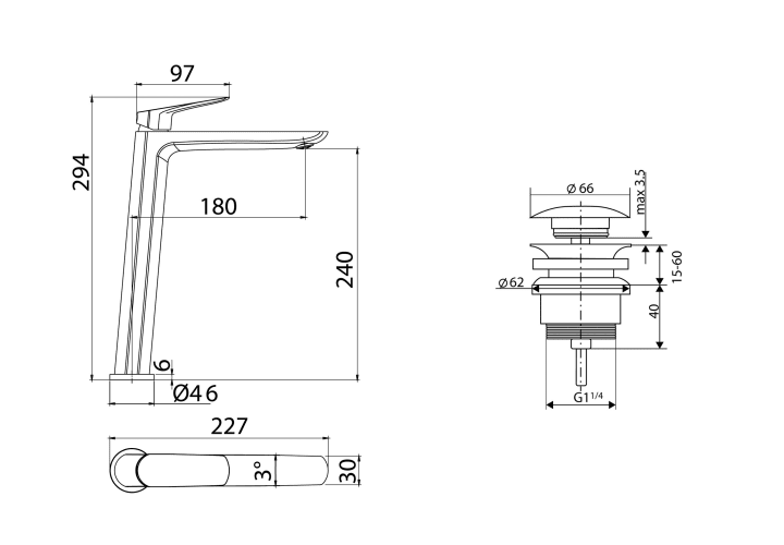 Pack Grifo de lavabo caño alto Bélgica Imex + Válvula click-clack croquis 6