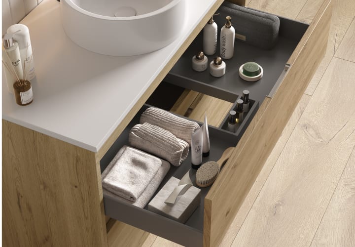 Mueble de baño con encimera Piedra Compactada blanca Artemisa de Bruntec detalle 11