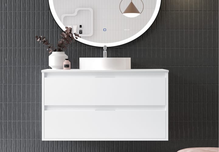 Mueble de baño con encimera Piedra Compactada blanca Artemisa de Bruntec ambiente 13