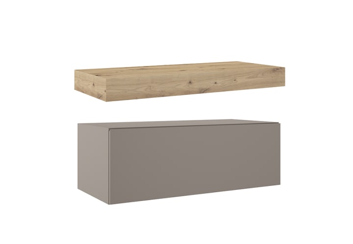 Mueble de baño con encimera de madera 10 cm de altura en color roble costa con cajonera Nomad Visobath principal 6