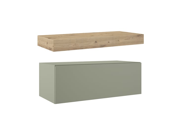 Mueble de baño con encimera de madera 10 cm de altura en color roble costa con cajonera Nomad Visobath principal 4