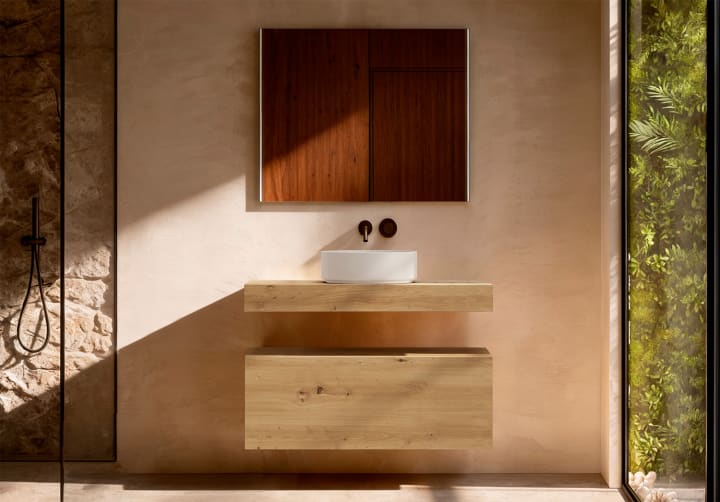 Mueble de baño con encimera de madera 10 cm de altura en color roble costa con cajonera Nomad Visobath principal 1