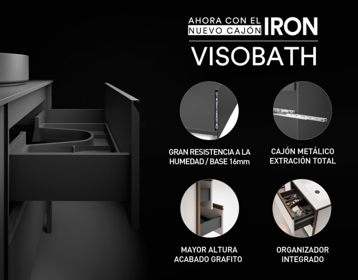 Mueble de baño con encimera de madera 10 cm de altura con cajonera Nomad monocolor Visobath detalle 4