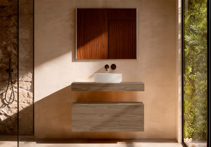 Mueble de baño con encimera de madera 10 cm de altura con cajonera Nomad monocolor Visobath principal 2