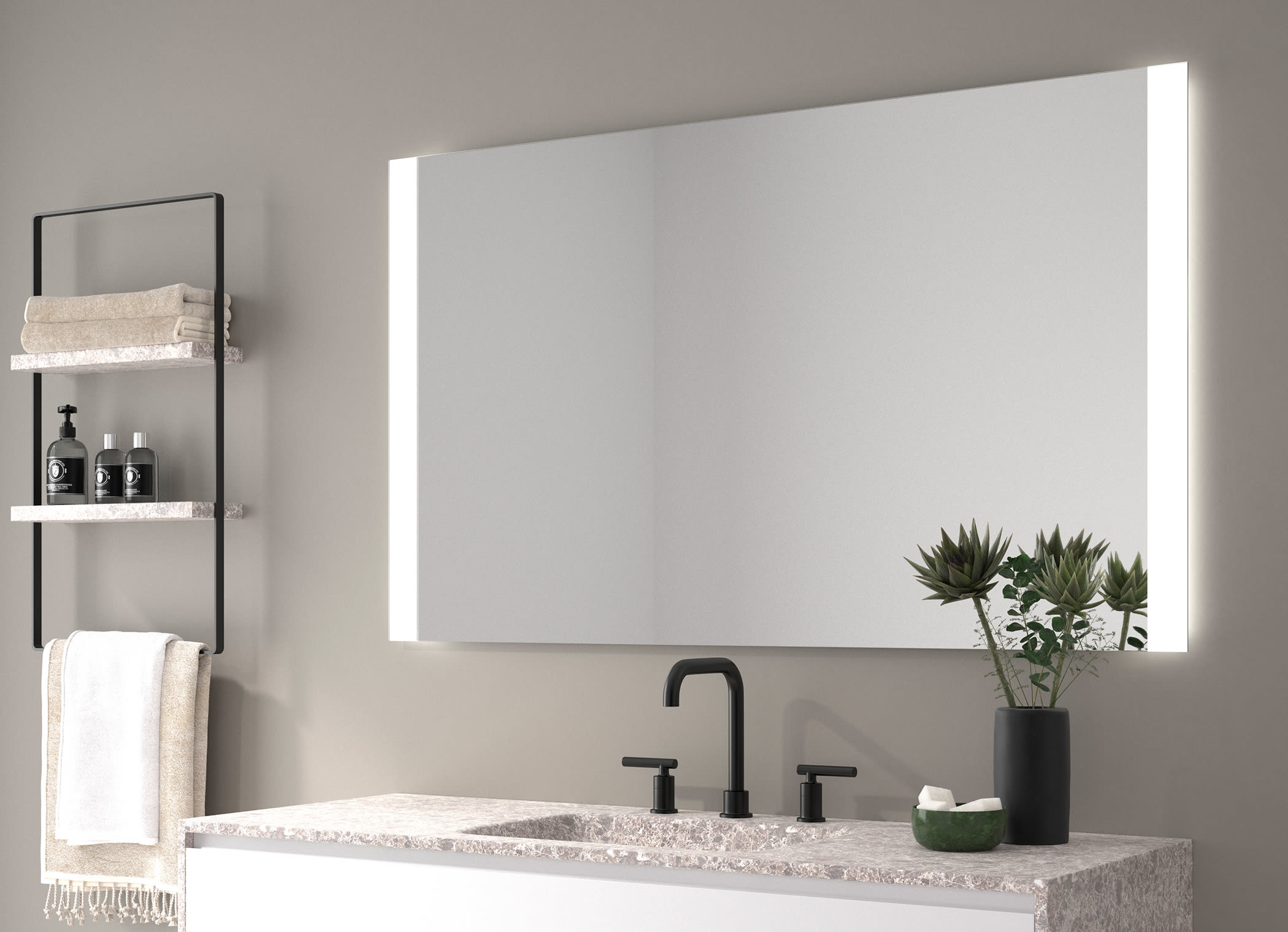 Baño de diseño minimalista. Espejo con luz de led traserea para iluminación  ambiental. Revestimientos …
