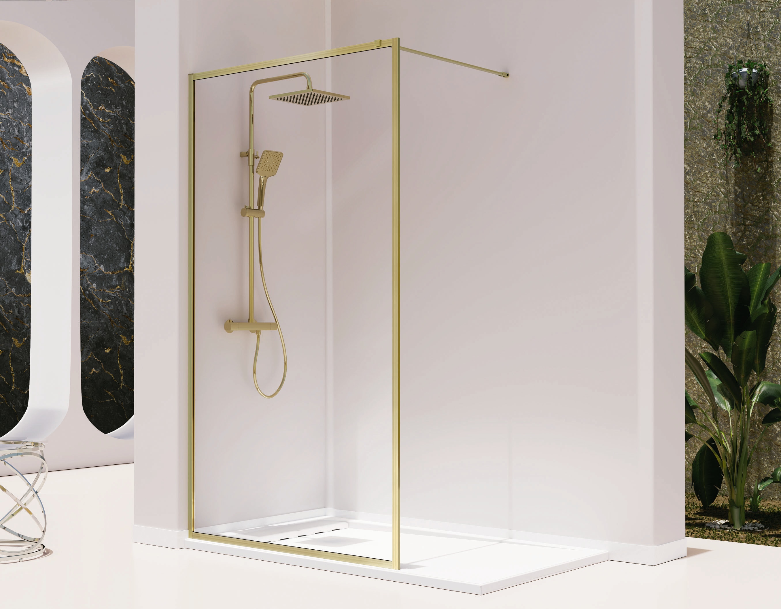 Mampara de ducha dorada 100x80 cm, transparente, pentagonal derecha AROSA  dorada, acceso frontal