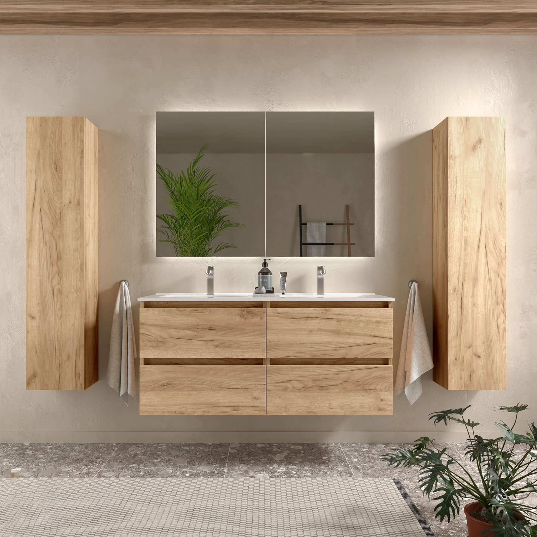 Mueble de baño 60 cm Venere de madera Crema con lavabo de cerámica y espejo  - Caesaroo