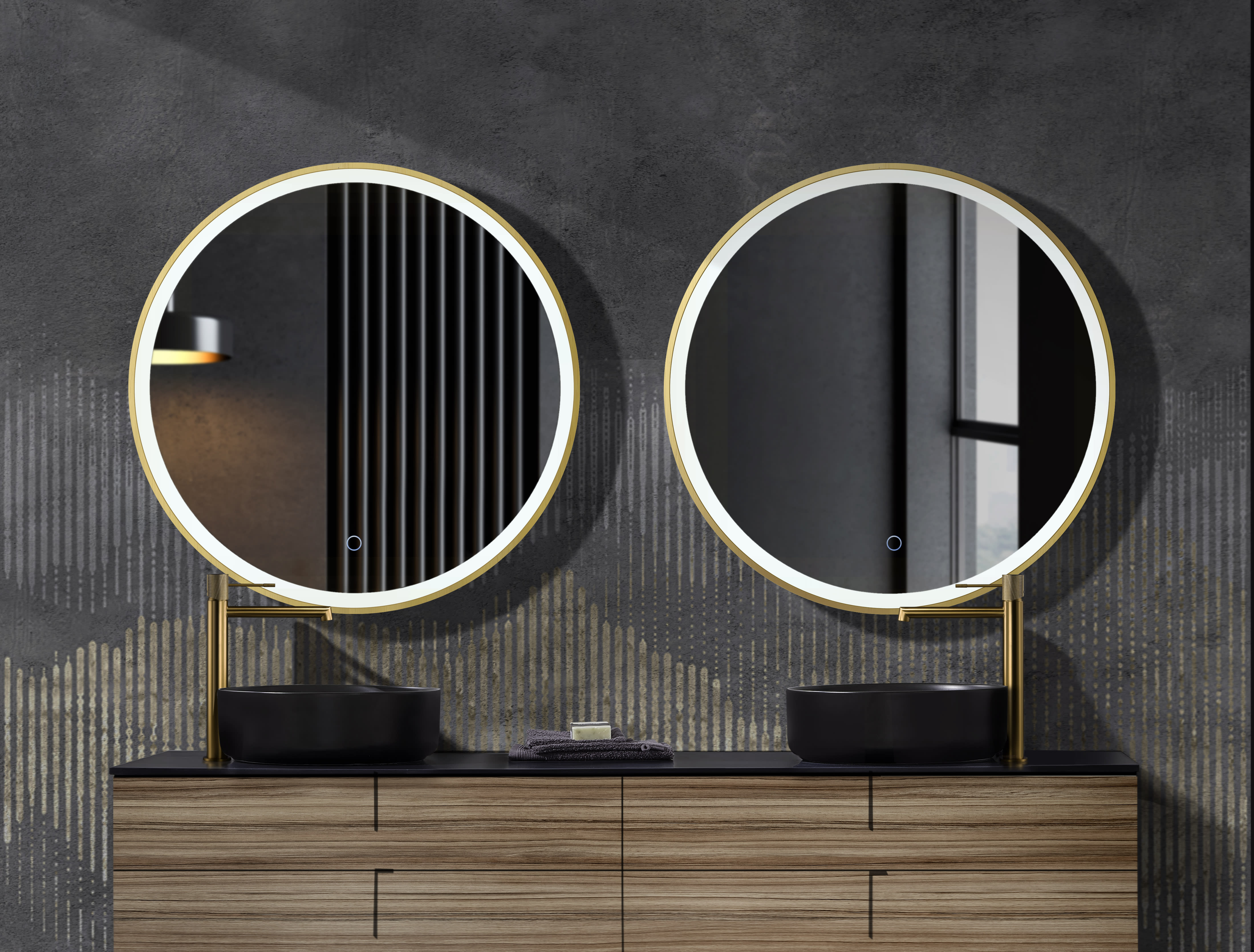 Espejo de baño redondo LED con marco dorado/negro, espejo de maquillaje  decorativo iluminado para hotel, con 3 LED de color ajustable, 23.6 in,  27.6